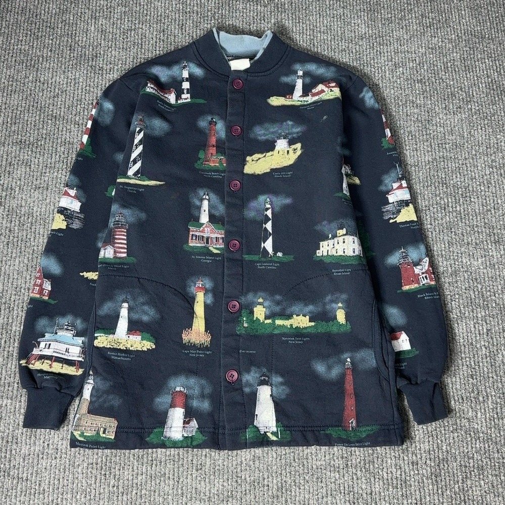 Vintage Art Unlimited Sportswear Lighthouse Cardigan Womens M Navy Blue Button